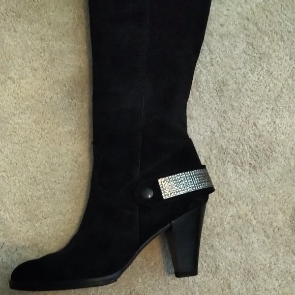 Fabulous Black Suede Knee Boots with Rhinestone detail - Picture 7 of 8